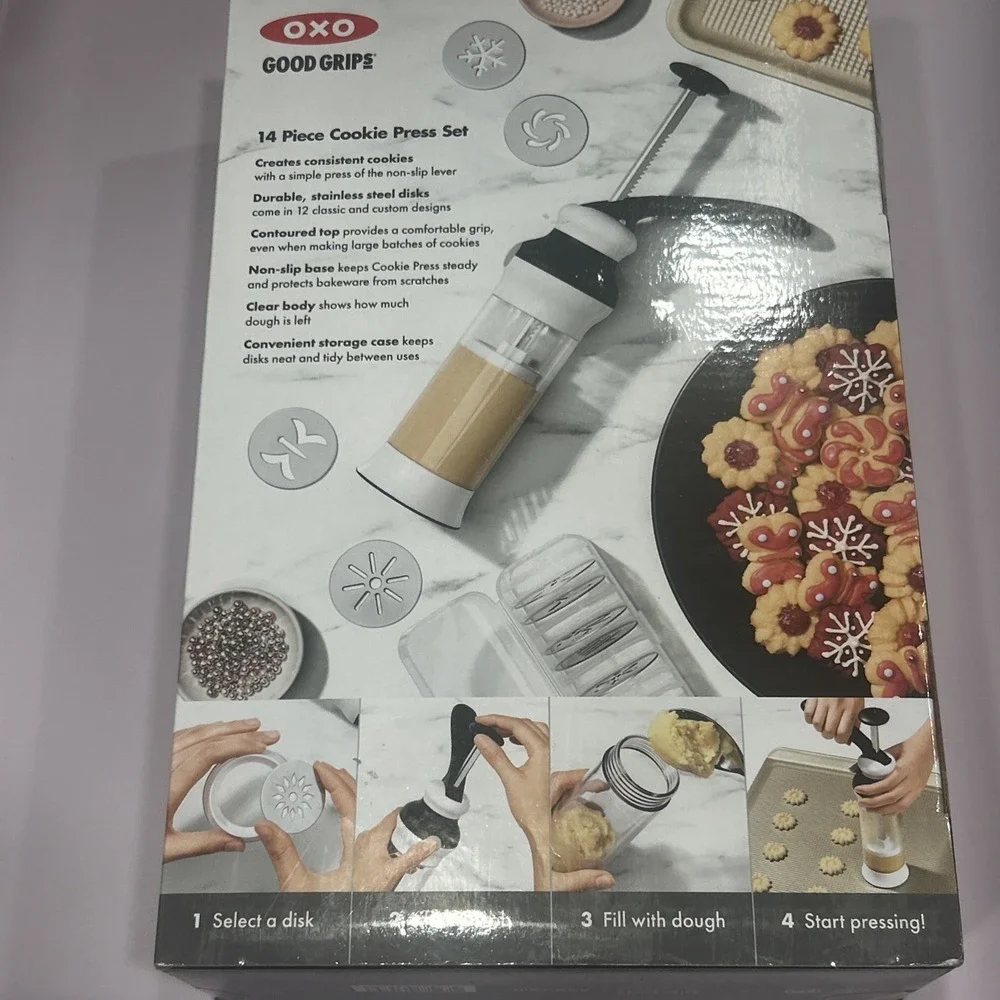 New Sealed OXO Good Grips 14-Piece Cookie Press Set Disk Storage case W/ Recipes